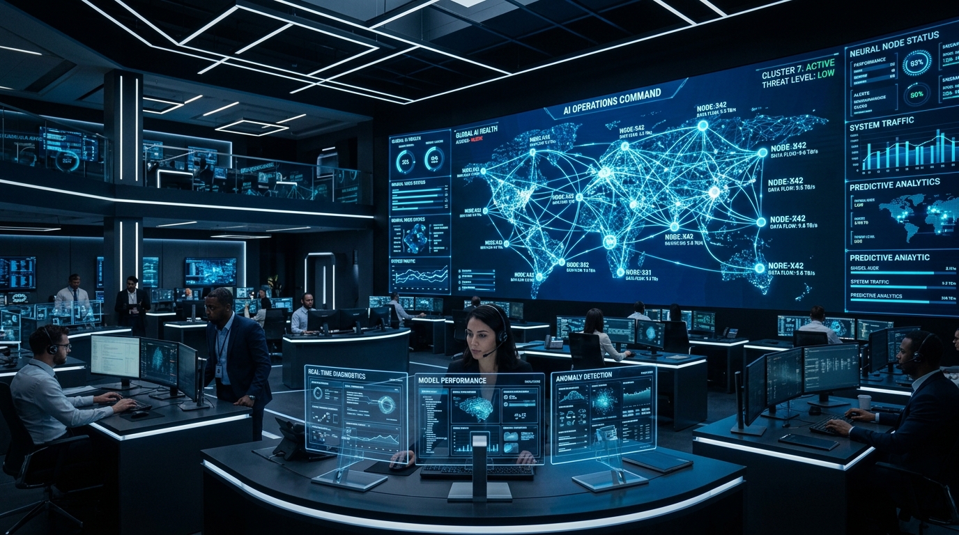 Futuristic enterprise AI operations center with glowing neural network data nodes representing Kaamlab AI & Digital Transformation