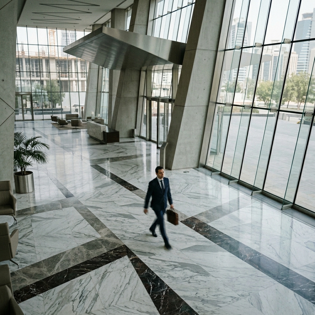 Man walking marble lobby 202605140008